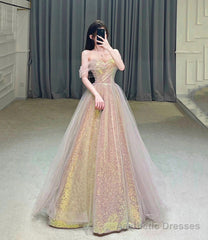 Shiny tulle sequins long prom dress eveing dress