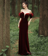 Burgundy Velvet Long Prom Dress with Pearls, Mermaid Off Shoulder Evening Party Dress