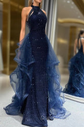 Navy Blue Sequins Long Evening Prom Party Dresses