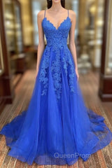 A-line Spaghetti Straps Sweep Train Tulle Evening Prom Dresses With Lace Appliqued