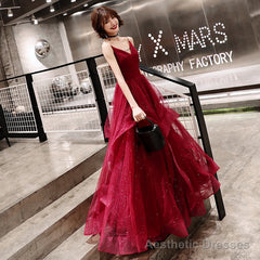 Stylish v neck tulle long prom dress, evening dress