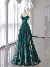 New A-Line Dark Green Prom Dress, Off-The-Shoulder Prom Dress With Cape, Sweeping Tail Prom Dress