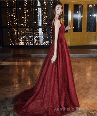 Burgundy tulle long prom dress party dress