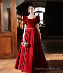 Burgundy Velvet Floor Length Prom Dress, A-Line Short Sleeve Evening Dress