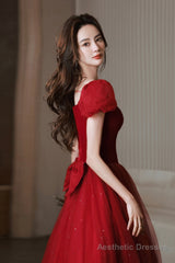 Burgundy velvet tulle long prom dress A line evening dress