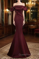 Burgundy Satin Long Evening Prom Dresses, Mermaid Off the Shoulder Evening Party Dresses