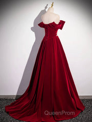 Burgundy Velvet Long Evening Prom Dresses, Off the Shoulder Evening Party Dresses