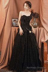 Black tulle sequins long prom dress A line evening dress