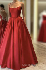 Red Satin Long Evening Prom Dresses Simple A-line Evening Dresses Red Formal Gown
