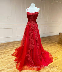 Red Long Evening Prom Dresses Chic & Modern Lace Applique Straps Formal Dresses