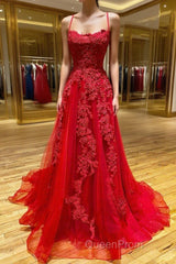 Red Long Evening Prom Dresses Chic & Modern Lace Applique Straps Formal Dresses