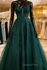 A-Line Hunter Green Floral Evening Prom Dresses Appliques Straps Evening Gown
