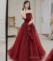 Burgundy tulle long A line ball gown dress formal dress