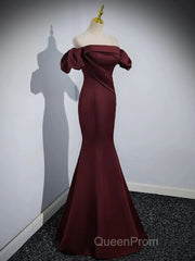 Burgundy Satin Long Evening Prom Dresses, Mermaid Off the Shoulder Evening Party Dresses