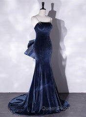 Evening Prom Dresses,spaghetti Strap Evening Prom Dresses, Blue Evening Dresses Velvet Party Dresses