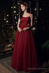 Burgundy tulle sequins long prom dress evening dress