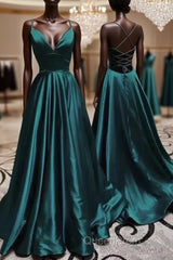 Elegant V Neck Spaghetti Straps A-line Dark Green Evening Prom Dresses