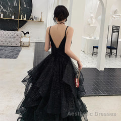Black tulle sequins prom dress evening dress