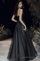 Black tulle long prom dress A line eveing dress