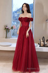 Burgundy tulle beads long prom dress evening dress