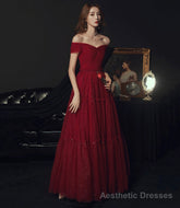 Burgundy tulle off shoulder prom dress evening dress