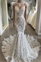 Fit and Flare Lace Crystals Necklace Wedding Dresses Open Back Bridal Gowns with Feather