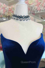 Fitted Mermaid Royal Blue Velvet Evening Prom Dresses With Bow