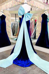 Fitted Mermaid Royal Blue Velvet Evening Prom Dresses With Bow