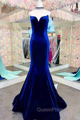Fitted Mermaid Royal Blue Velvet Evening Prom Dresses With Bow