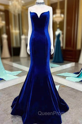 Fitted Mermaid Royal Blue Velvet Evening Prom Dresses With Bow