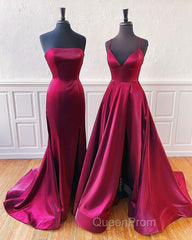 Floor Length Long Satin Burgundy Evening Prom Dresses With Split