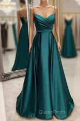 Floor-Length Satin Green Evening Prom Dresses A-Line With Pleated