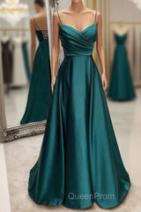 Floor-Length Satin Green Evening Prom Dresses A-Line With Pleated