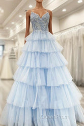 Floral Lace V-Neck Multi-Tiered A-Line Evening Prom Dresses