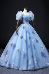 Floral Tulle Long Evening Prom Dresses, Blue Short Sleeve Evening Dresses
