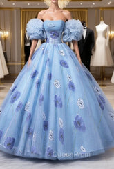 Floral Tulle Long Evening Prom Dresses, Blue Short Sleeve Evening Dresses