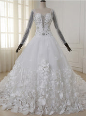Flower Crystal Petals Train Long Leeves Backless Wedding Dress