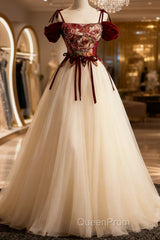 Flowers Champagne Long Tulle Evening Prom Dresses with Straps