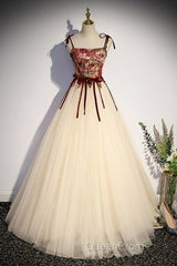 Flowers Champagne Long Tulle Evening Prom Dresses with Straps
