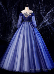 For Your Big Night Navy Blue Ball Gown Tulle Long Sleeve Appliques Quinceanera Dress