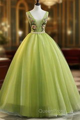 Fresh Green Tulle V Neck Long Lace Up Senior Evening Prom Dresses With Applique