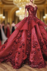 Ball Gown Off the Shoulder Evening Prom Dresses with Beading, Puffy Long Quinceanera Dresses