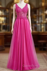 Fuchsia A-Line Long Evening Prom Dresses Plunging V Neck Floral