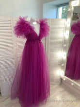 Fuchsia A-line V Neck Tulle Prom Dress