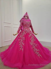 Fuchsia Ball Gown High Neck Long Sleeve Embroidery Appliques Wedding Dress