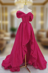 Fuchsia High Low Off Shoulder Party Dresses, High Low Evening Prom Dresses Evening Dresses