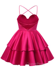 Fuchsia Satin Homecoming Dresses Sweetheart Neck Tiered Short Graduation Dresses