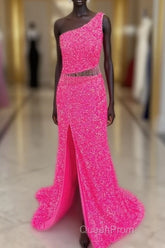 Fuchsia Sequins One Shoulder Cut-Out Tassels Long Evening Prom Dresses With Slit
