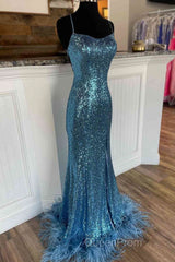Long Sequined Blue Straps Evening Prom Dresses with Feather Hem