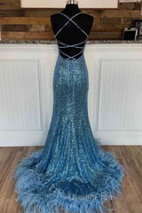 Long Sequined Blue Straps Evening Prom Dresses with Feather Hem